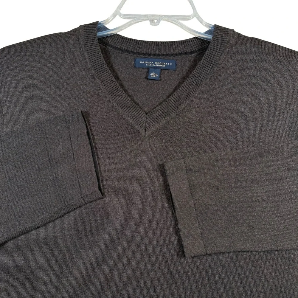 Banana Republic V-Neck Sweater Mens L Brown Silk Cashmere Blend Long‎ Sleeve